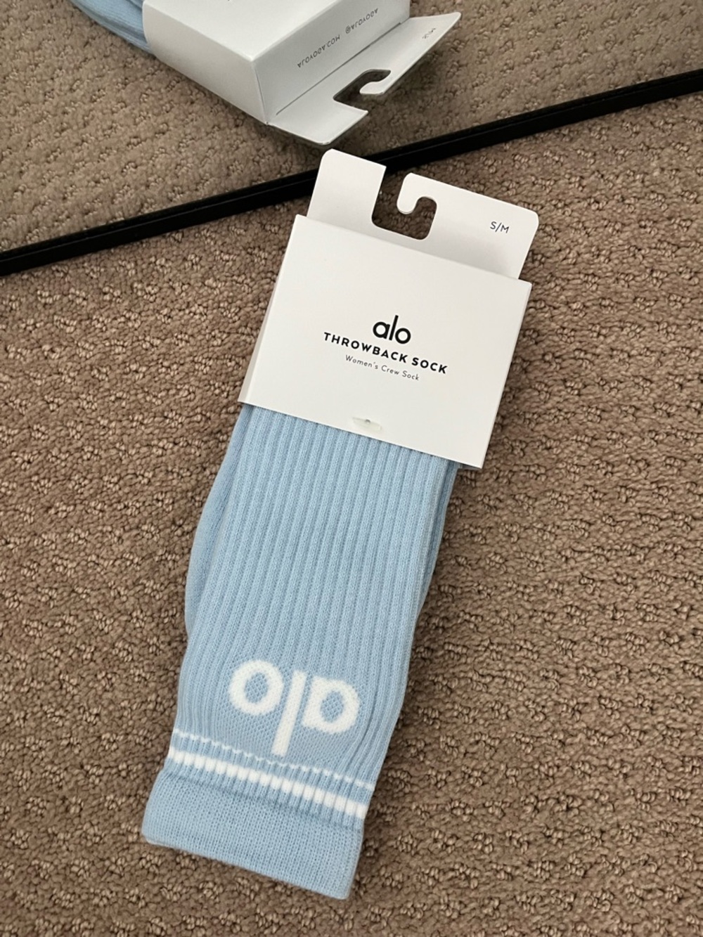ALO Yoga Light Blue Ribbed Throwback Sock with White Logo